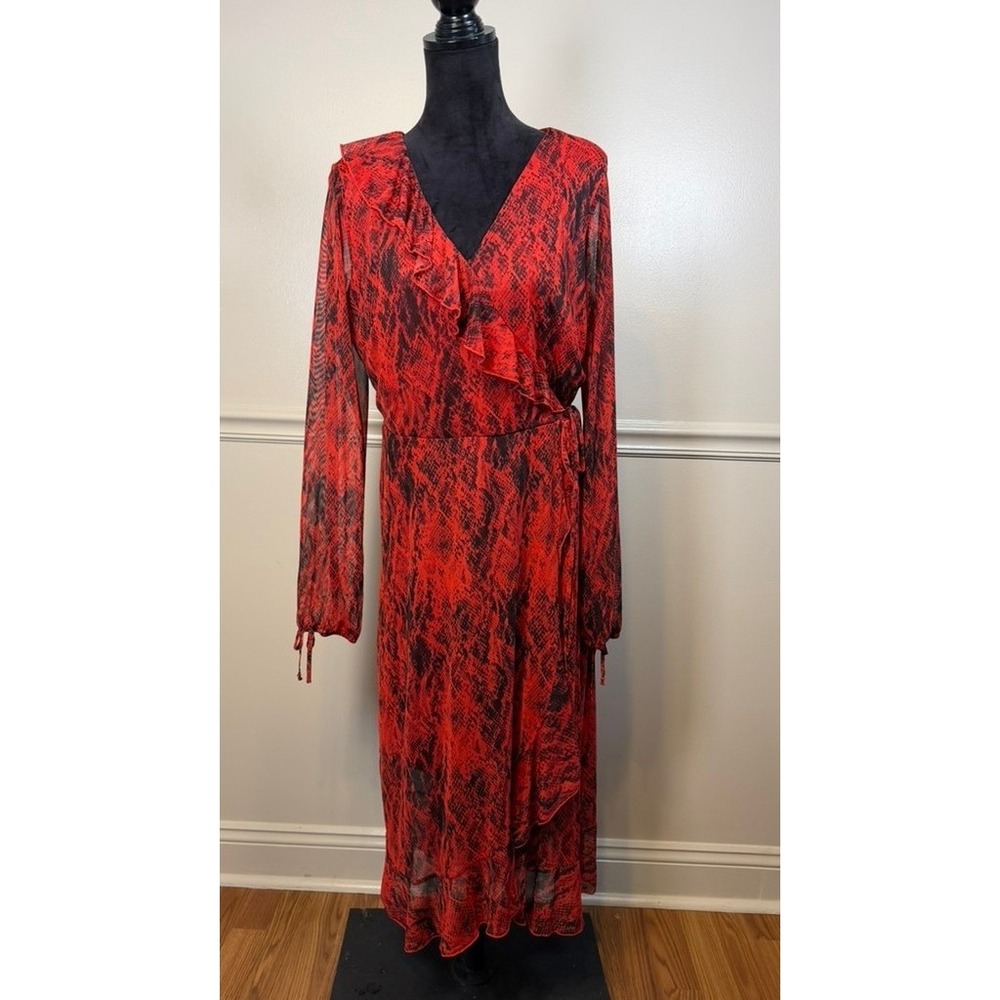 EST. 1946 Faux Wrap Dress Womens L Red Snakeskin Excellent Ruffle Long Sleeve
